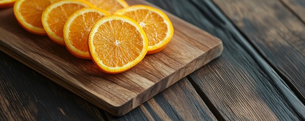 Freshly cut orange slices resting on a rustic wooden cutting board