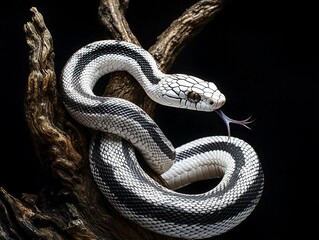 Naklejka premium Black and white snake coiled on a branch, isolated on black background.