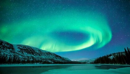 Aurora borealis over lake. Landscape with Norther Lights. Landscape with mountains.