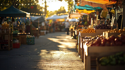 A vibrant marketplace filled with fresh produce and warm morning light, creating sense of anticipation