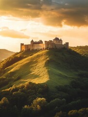 Obraz premium Majestic medieval castle perched on a green hill during a vibrant sunset sky. Generative AI