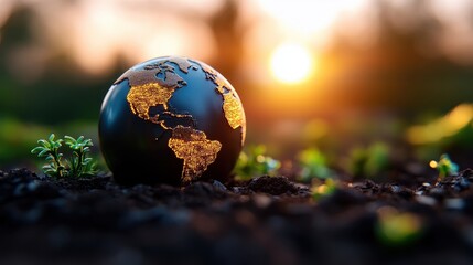 Fototapeta premium A beautifully illuminated globe resting on soil at sunset, symbolizing global growth, unity, and the interconnectedness of nature and humanity as day transitions into night.