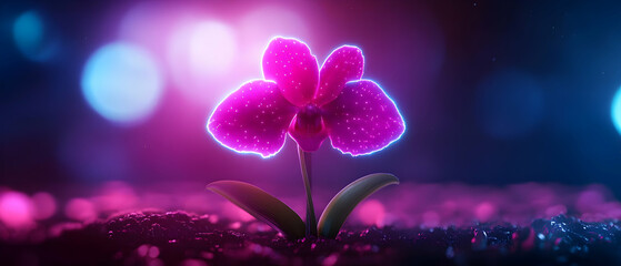 A vibrant, neon orchid stands out against a dark, bokeh background, creating a stunning visual contrast.