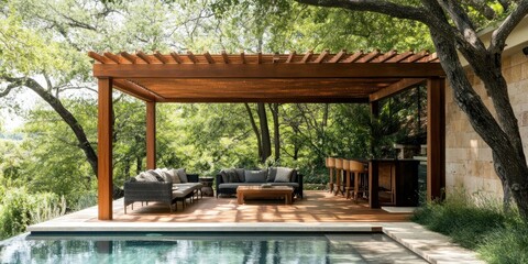 Luxurious Outdoor Patio Design with Pergola, Pool, and Modern Furniture