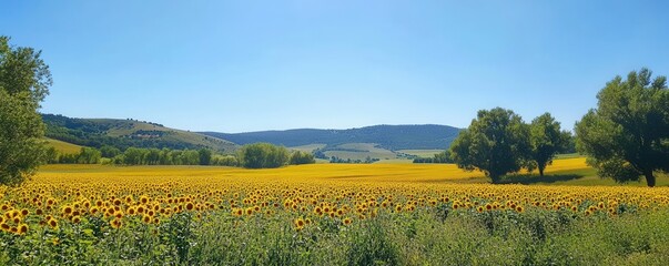 Fototapeta premium Vast sunflower field under clear blue sky with rolling hills and trees