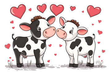 Obraz premium Two cartoon cows with hearts surrounding them, expressing affection in a playful, whimsical style