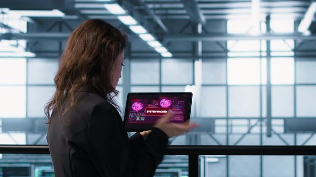 Data center engineers struggling to contain virus infestation, working on securing servers. Team of server farm employees detecting hacker attacks on tablet, fighting back, camera A