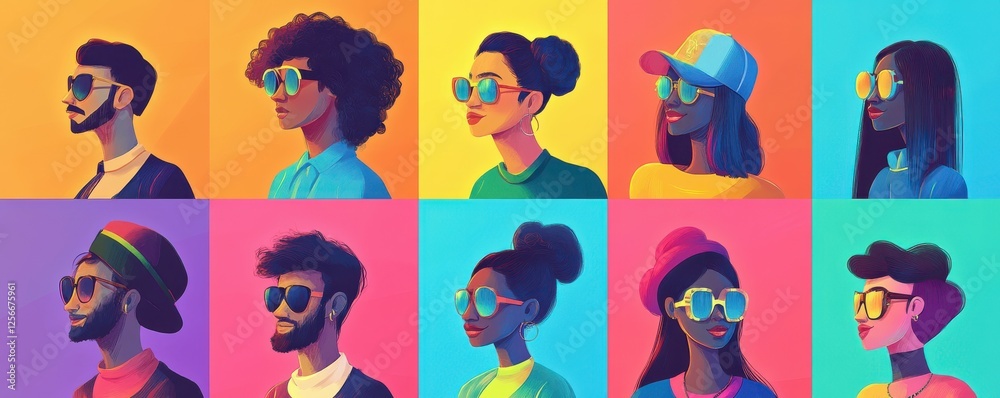 Wall mural Colorful pop art style portraits of diverse individuals wearing sunglasses