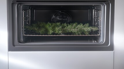 Obraz premium Pine branch inside oven, kitchen setting, Christmas baking