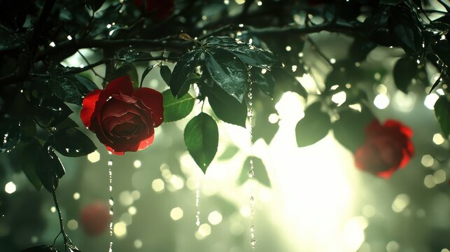 Rainy morning beauty garden photography nature close-up blossoming roses with water droplets