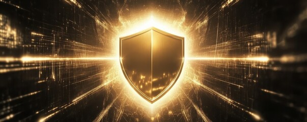 Radiant golden shield with glowing light beams on dark background