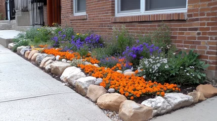Gordijnen Vibrant flower bed arrangement urban sidewalk garden design residential area ground level landscape aesthetics © CHAKKAPONG