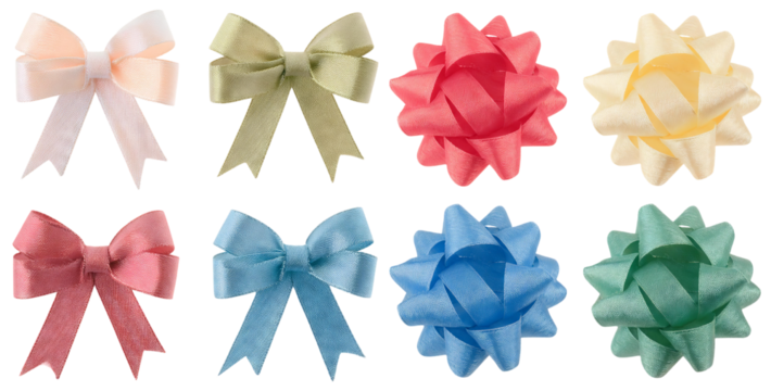 Colorful Decorative Bows in Various Shapes and Styles for Gifts, isolated on transparent background