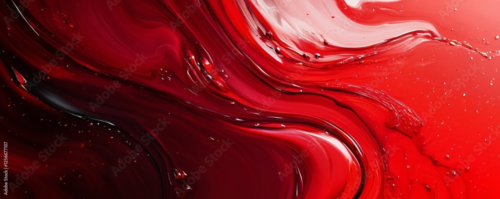 Poster Red and black paint mixing creating abstract swirls and texture