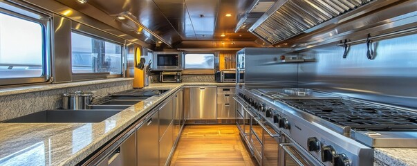 Modern stainless steel yacht kitchen with granite countertops and appliances