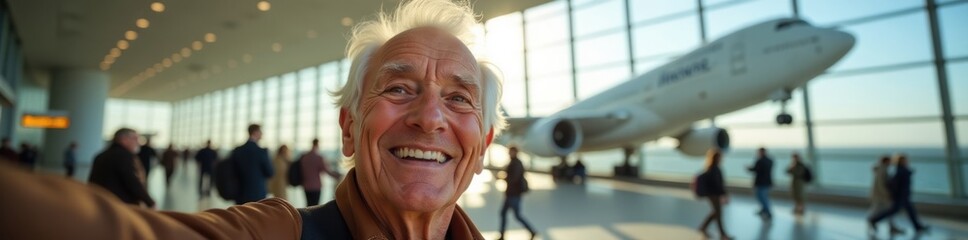 Happy Senior Man Taking Selfie in Airport Terminal with Airplane. Perfect for illustrating joyful travel moments, promoting senior travel