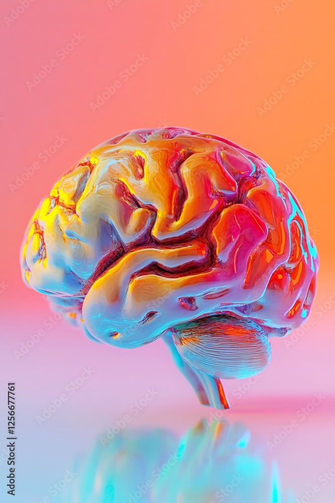 Poster Human brain floating and reflecting on pink background