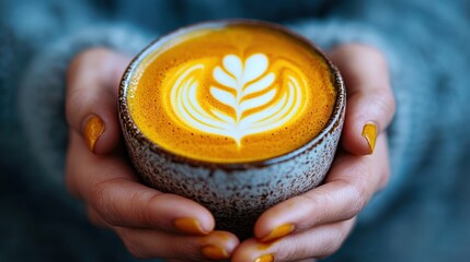 A beautifully crafted latte with intricate foam art sits in warm hands, showcasing the soothing comfort of coffee during chilly days, inviting a moment of relaxation and joy.