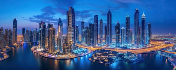Fototapeta premium Spectacular dubai marina skyline at night with illuminated skyscrapers reflected in water