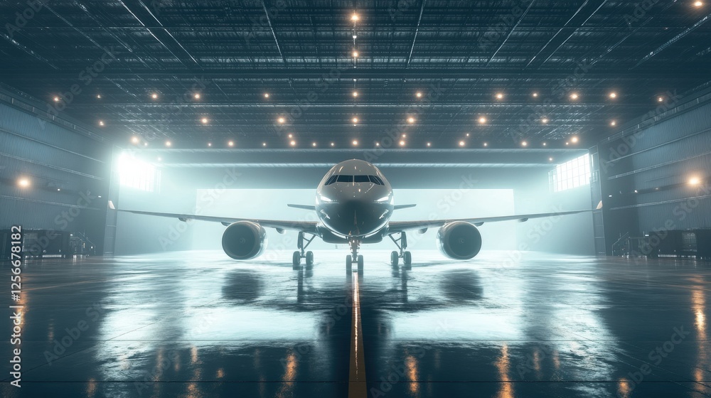 Poster modern airplane parked inside a spacious hangar with bright lights illuminating the scene. generativ
