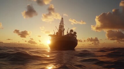 Obraz premium Vibrant Sunset Over Offshore Oil Platform in Calm Ocean Waters
