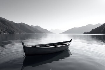 Monochromatic Rowboat on Calm Lake Surrounded by Mountains. Perfect for themes of tranquility, travel brochures, meditation guides, reflective blog posts.