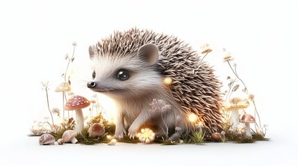 Adorable hedgehog sitting amidst glowing mushrooms and wildflowers on a white background.