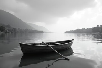 Monochromatic Rowboat on Calm Lake Surrounded by Mountains. Perfect for themes of tranquility, travel brochures, meditation guides, reflective blog posts.
