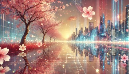 Obraz premium A breathtaking futuristic cityscape adorned with blooming LED-like cherry blossoms, blending nature and technology with serene pastel hues.