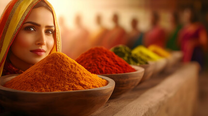 A woman with vibrant attire admires colorful spices in bowls, highlighting cultural food and culinary diversity.