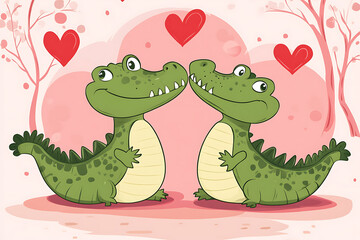 Obraz premium Two cartoon crocodiles affectionately facing each other with hearts in a playful, romantic setting