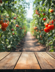 A lush tomato farm with vibrant red tomatoes hanging from vines, creating a picturesque countryside scene. The rustic wooden table in the foreground enhances the organic, farm-to-table aesthetic.
