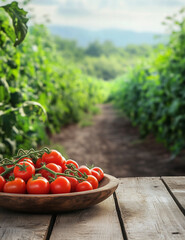A lush tomato farm with vibrant red tomatoes hanging from vines, creating a picturesque countryside scene. The rustic wooden table in the foreground enhances the organic, farm-to-table aesthetic.