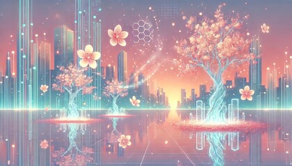 Obraz premium A Pastel Futuristic City with Reflective Surfaces, Floating Holograms, and Digital Cherry Blossoms in a Dreamlike Landscape