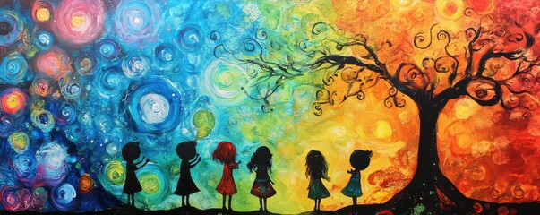 Colorful silhouetted children in whimsical multicolored abstract art