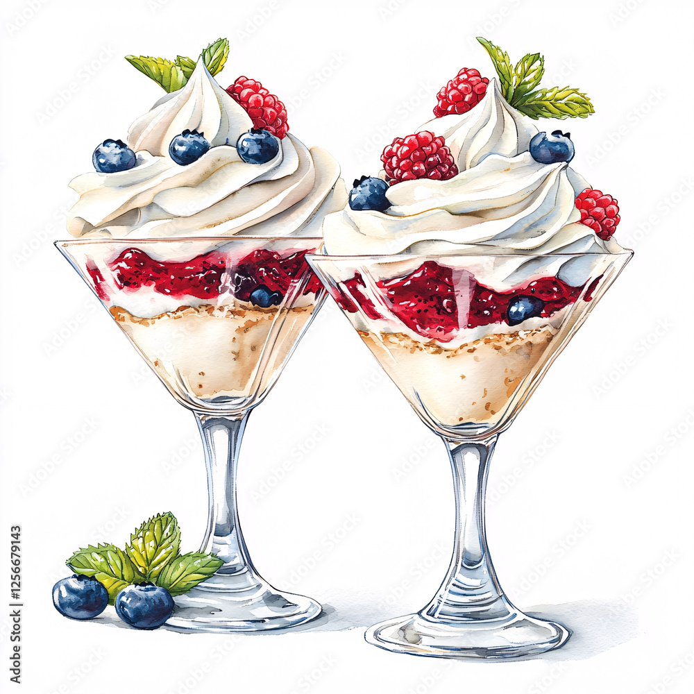 Canvas Prints Two berry parfaits are presented in stemmed glasses, topped with whipped cream, mint, raspberries, and blueberries.