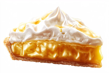 A slice of lemon pie with a flaky crust, filled with tangy lemon custard and topped with fluffy white meringue.