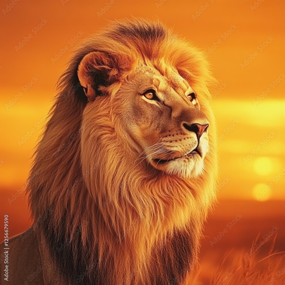 Aufkleber majestic lion with a glowing golden mane basking in the warm hues of sunset with space for thoughtfu