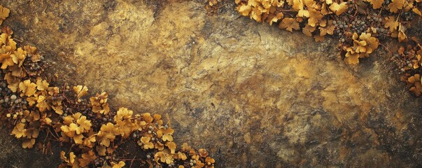Golden autumn leaves and grapes on rustic background &ndash; rich textured fall foliage