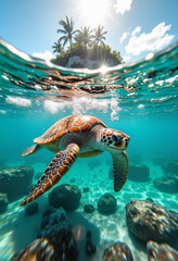 Obraz premium Vertical picture of the sea turtle gliding in the ocean nearby the tropical island