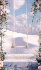 A breathtaking dreamscape featuring a floral-adorned swing suspended between marble columns on a pink sandy beach, overlooking the tranquil ocean. The ethereal atmosphere evokes romance, elegance,
