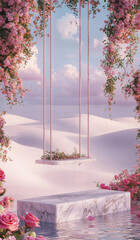 A breathtaking dreamscape featuring a floral-adorned swing suspended between marble columns on a pink sandy beach, overlooking the tranquil ocean. The ethereal atmosphere evokes romance, elegance,