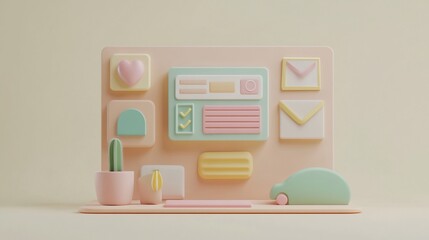 Pastel-colored 3D render of UI elements, cactus, and car icons on a board.