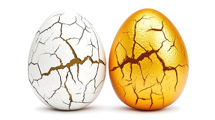 Cracked White And Gold Eggs On White Background