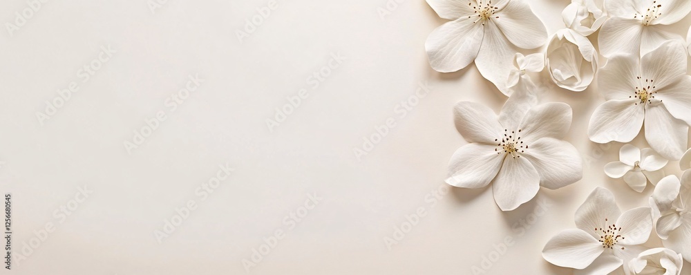 Poster White apple tree flowers lying on beige background with copy space