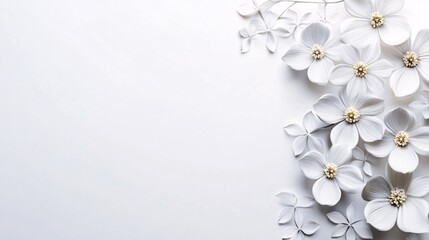 White paper flowers arranged on white background with copy space
