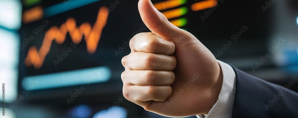 Aufkleber businessman is showing thumbs up sign on background with increasing charts