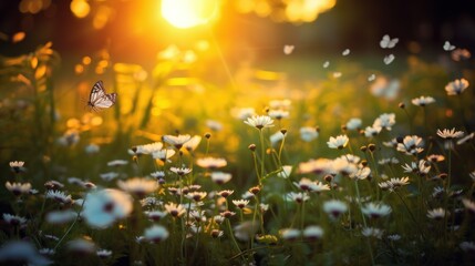 Butterfly kisses on a sun-drenched meadow teeming with daisies delight