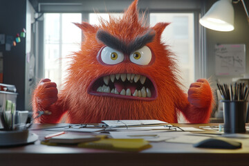 Angry office worker screams. Furious office Manager monster character yelling sits at a desk with wide-open eyes and mouth. Stress, irritability, and work fatigue, Corporate life, stress at work