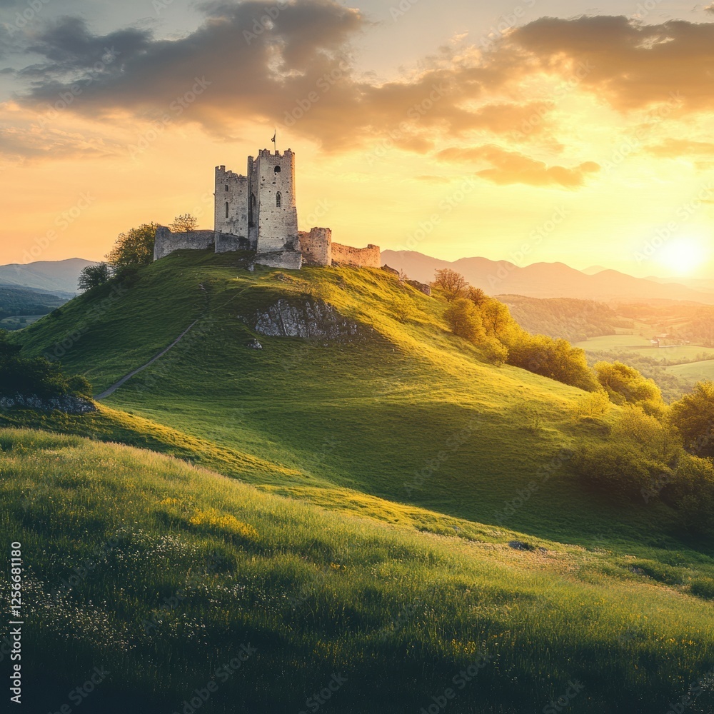 Poster medieval castle stands majestically on a green hill under a vibrant sunset sky with rolling mountain